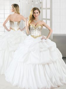Hot Selling White Taffeta Lace Up Quinceanera Gown Sleeveless Floor Length Beading and Pick Ups