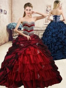 Pick Ups Ruffled Ball Gowns Dama Dress for Quinceanera Wine Red Sweetheart Organza and Taffeta Sleeveless Floor Length Lace Up