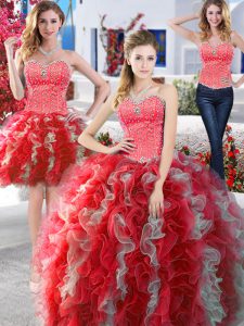 Shining Three Piece Floor Length White and Red Quinceanera Gowns Organza Sleeveless Beading