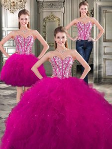 Cute Three Piece Sweetheart Sleeveless Lace Up Quinceanera Dress Fuchsia Tulle