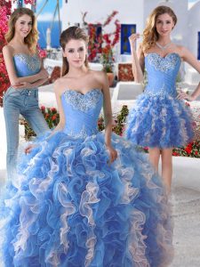 Charming Three Piece Blue And White Quinceanera Dresses Military Ball and Sweet 16 and Quinceanera and For with Beading Sweetheart Sleeveless Lace Up