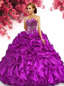 Admirable Fuchsia Ball Gowns Sweetheart Sleeveless Organza Floor Length Lace Up Beading and Ruffles Quince Ball Gowns