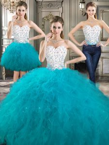 Three Piece White Ball Gowns Tulle Sweetheart Sleeveless Beading and Ruffles Floor Length Lace Up 15th Birthday Dress