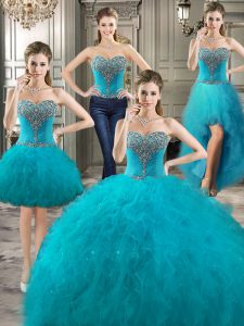Excellent Four Piece Sweetheart Sleeveless Lace Up Ball Gown Prom Dress Teal Tulle