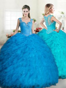 Sophisticated Blue Tulle Zipper Straps Sleeveless Floor Length Quinceanera Court Dresses Beading and Ruffles