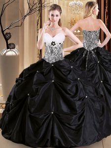 Custom Made Black Ball Gowns Sweetheart Sleeveless Satin and Taffeta Floor Length Lace Up Pick Ups Quinceanera Dress