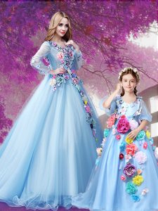 Long Sleeves With Train Beading and Hand Made Flower Lace Up Ball Gown Prom Dress with Baby Blue Sweep Train