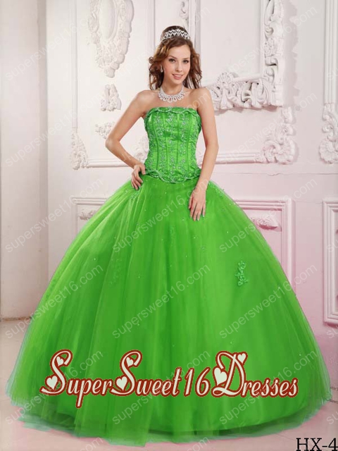 Beading Ball Gown Strapless Tulle Spring Green Cheap Sweet Sixteen Dresses