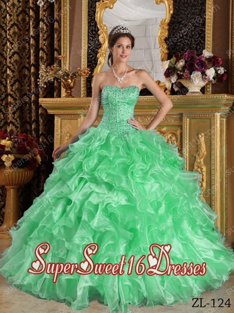 Apple Green Ball Gown Sweetheart Organza Custom Made Sweet 16 Dresses with Ruffles