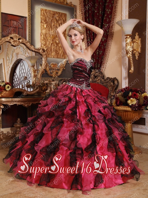 Red and Black Sweetheart Pretty Quinceanera Dresses with Beading and Ruffles