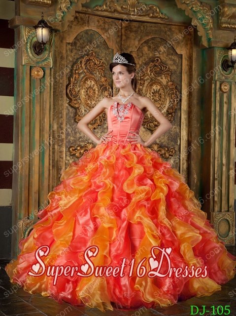 Affordable Orange Red Ball Gown Strapless With Organza Ruffles Sweet 16 Ball Gowns
