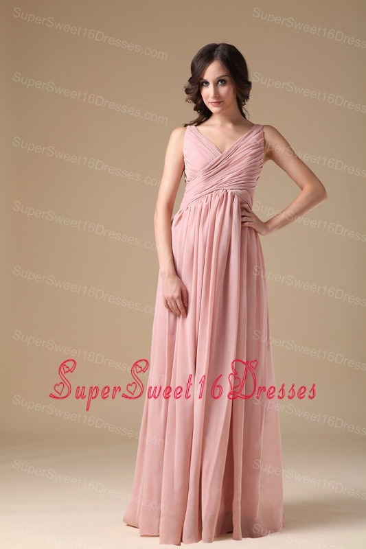Pink Empire V-neck Floor-length Chiffon Ruch Sweet 16 Quinceanera Dama Dresses
