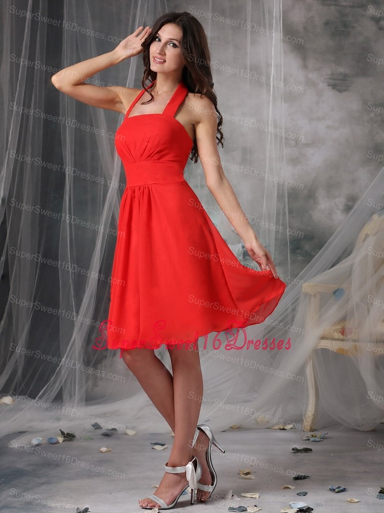 Red Empire Halter Knee-length Chiffon Ruched Sweet 16 Quinceanera Dama Dresses