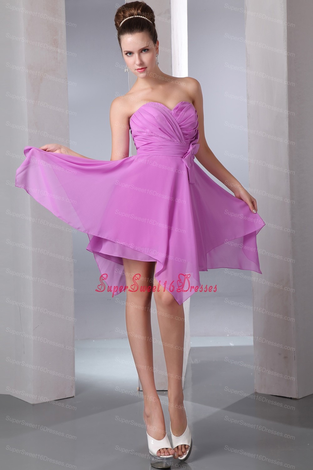Lavender Empire Sweetheart Asymmetrical Chiffon Bow Dama Dresses for Sweet 16