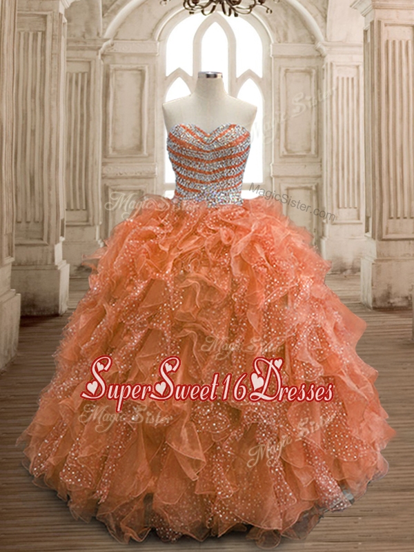 Exquisite Rust Red Organza Quinceanera Dress with Beading and Ruffles