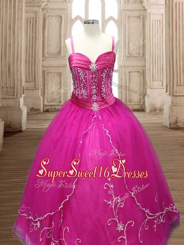 Exquisite Spaghetti Straps Beaded and Applique Quinceanera Dress in Hot Pink