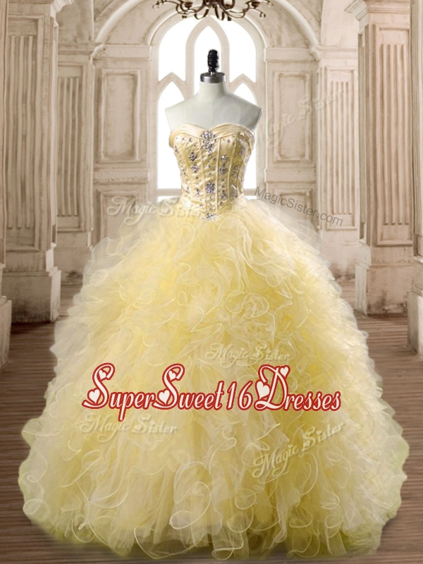 Perfect Beaded and Ruffled Tulle Quinceanera Dress in Yellow