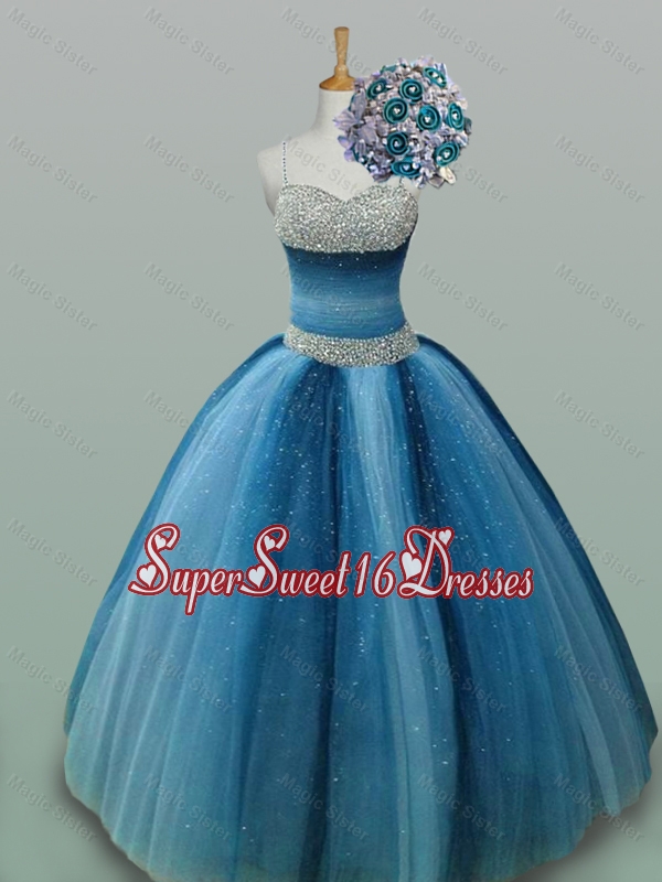 2015 Romantic Spaghetti Straps Beaded Quinceanera Dresses in Tulle