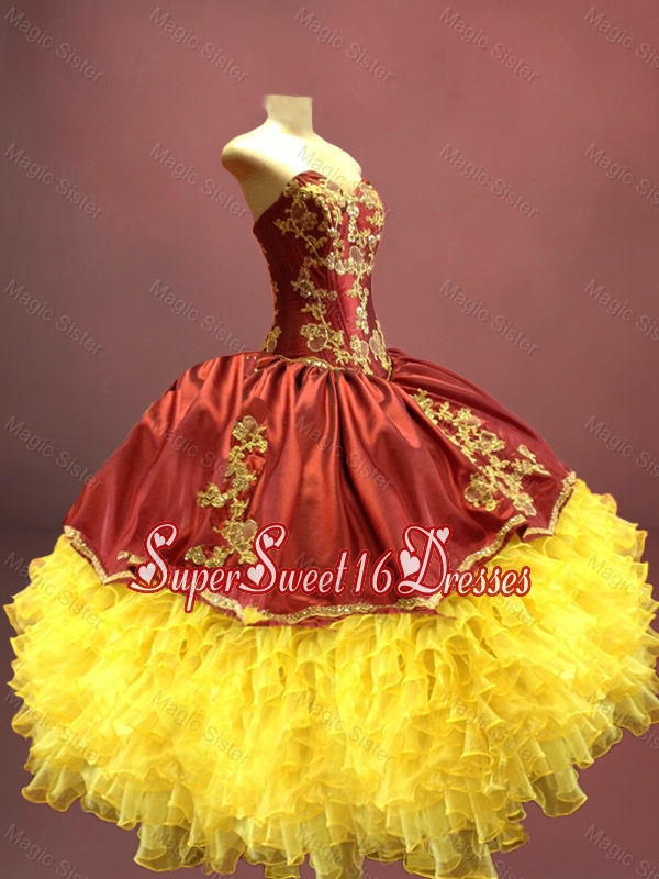 Beautiful Wine Red and Yellow Sweet 16 Dresses with Appliques and Ruffles