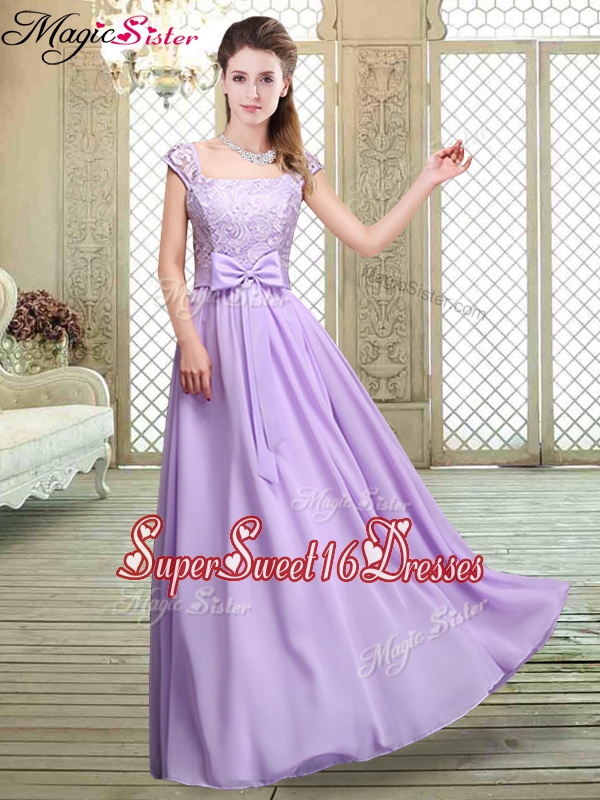 Fashionable Square Cap Sleeves Lavender Dama Dresses with Belt