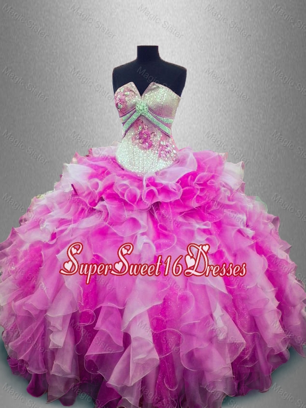 2016 In Stock Strapless Beaded Multi Color Sweet 16 Gowns with Ruffles