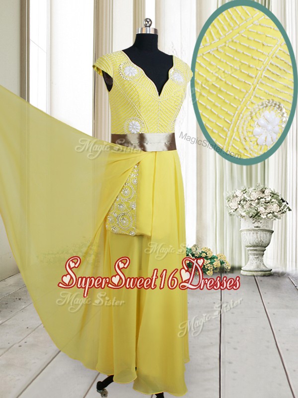 Popular Beaded and Belted V Neck Chiffon Yellow Dama Dress with Cap Sleeves