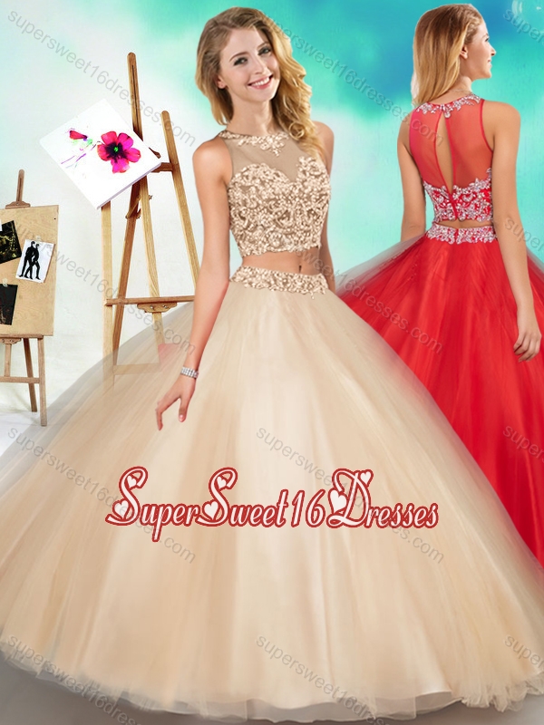 Two Piece See Through Scoop Sweet Sixteen Dress with Beading and Appliques