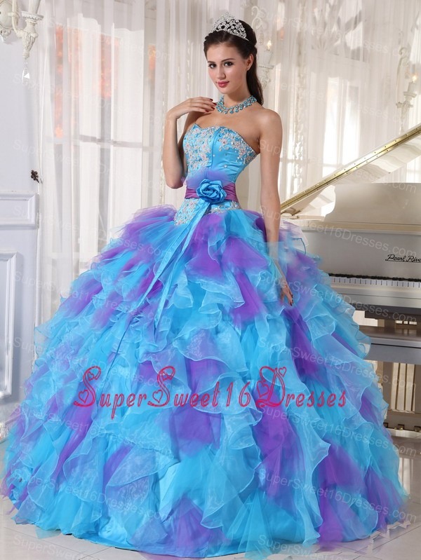 Baby Blue and Purple Sweet 16 Dress Strapless Organza Appliques Ball Gown