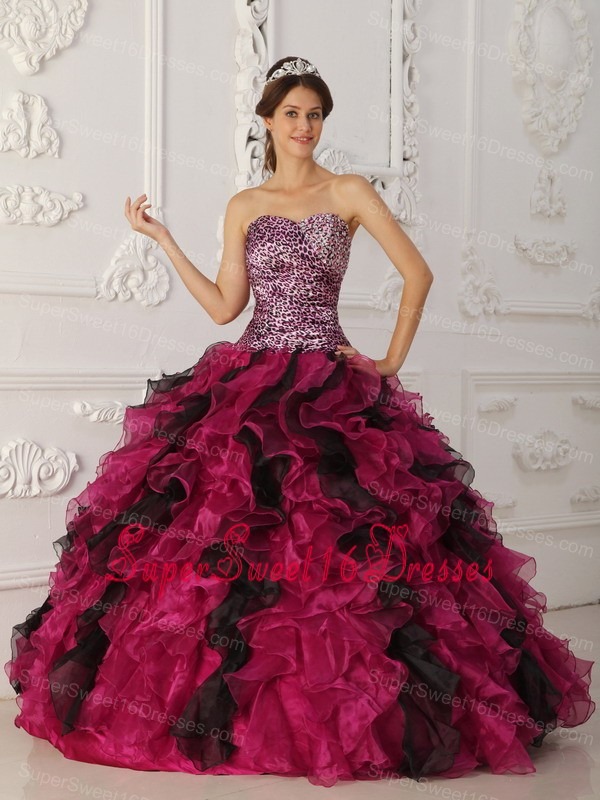 Elegant Multi-color Sweet 16 Dress Sweetheart Leopard and Organza Ruffles Ball Gown