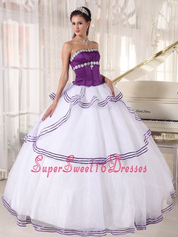 Gorgeous White and Purple Sweet 16 Dress Strapless Floor-length Organza Appliques Ball Gown