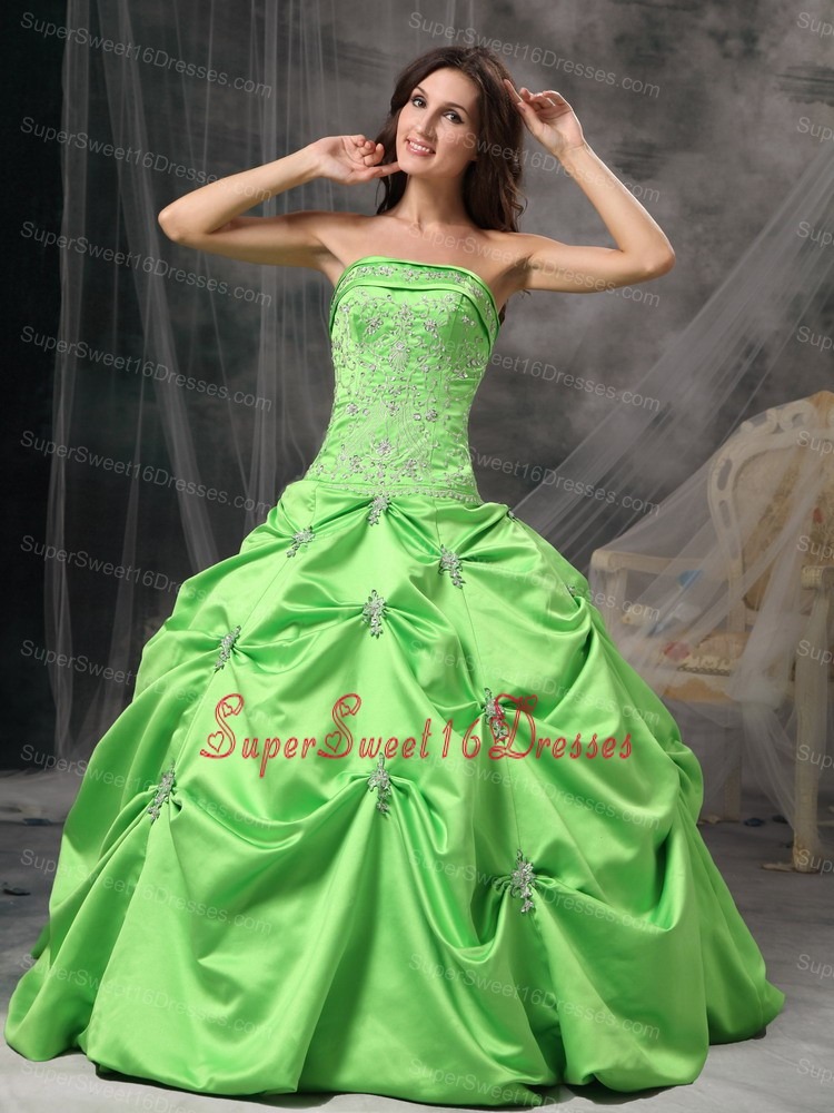 Spring Green Ball Gown Strapless Floor-length Taffeta Beading Sweet 16 Dress