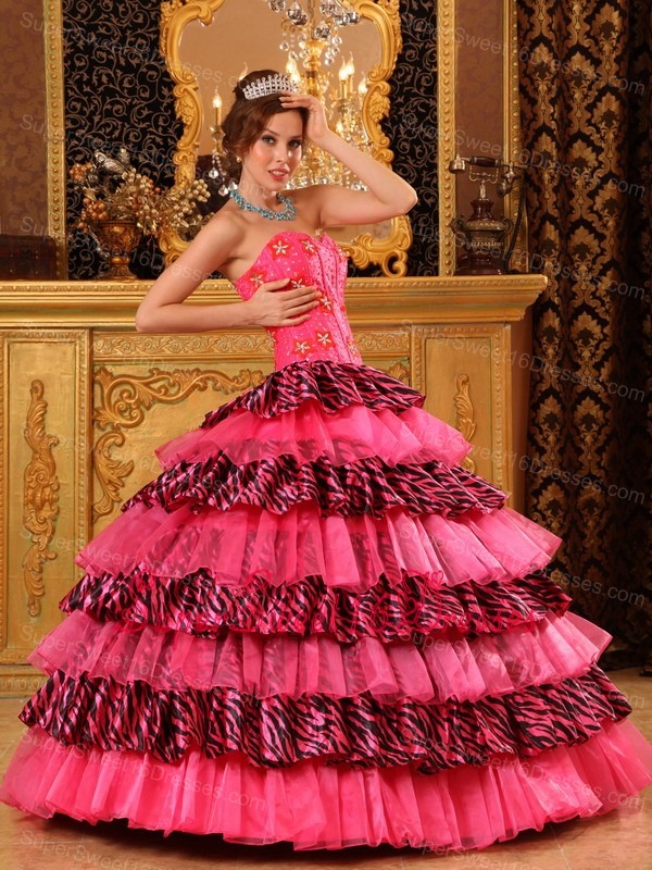 Beautiful Hot Pink Sweet 16 Dress Ball Gown Sweetheart Organza and Zebra Beading