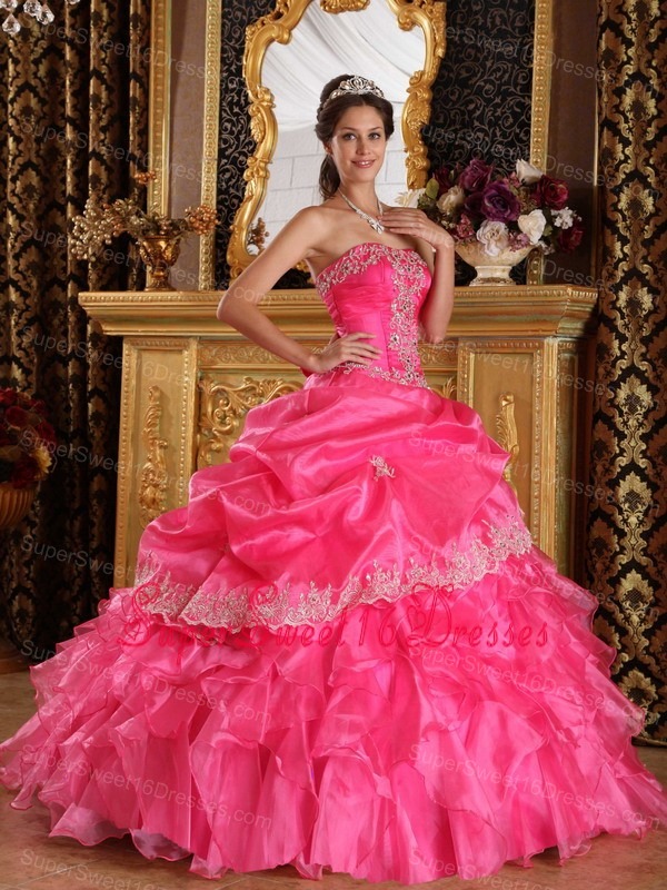 Beautiful Hot Pink Sweet 16 Quinceanera Dress Strapless Organza Ball Gown