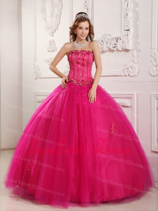 Elegant Hot Pink Sweet 16 Quinceanera Dress Strapless Tulle Beading Ball Gown