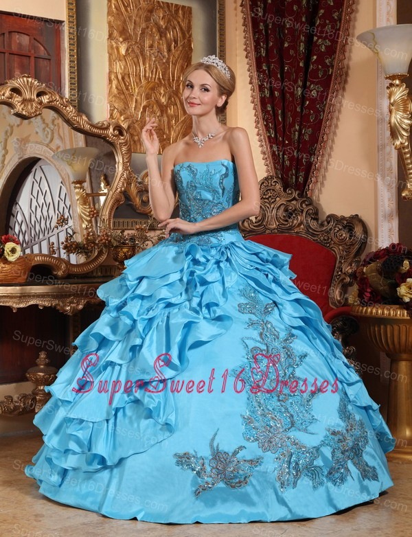 Gorgeous Aqua Blue Sweet 16 Dress Strapless Taffeta Appliques Ball Gown