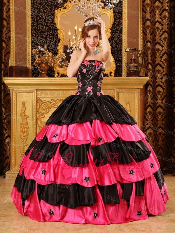 Inexpensive Black and Hot Pink Sweet 16 Dress Strapless Taffeta Beading Ball Gown