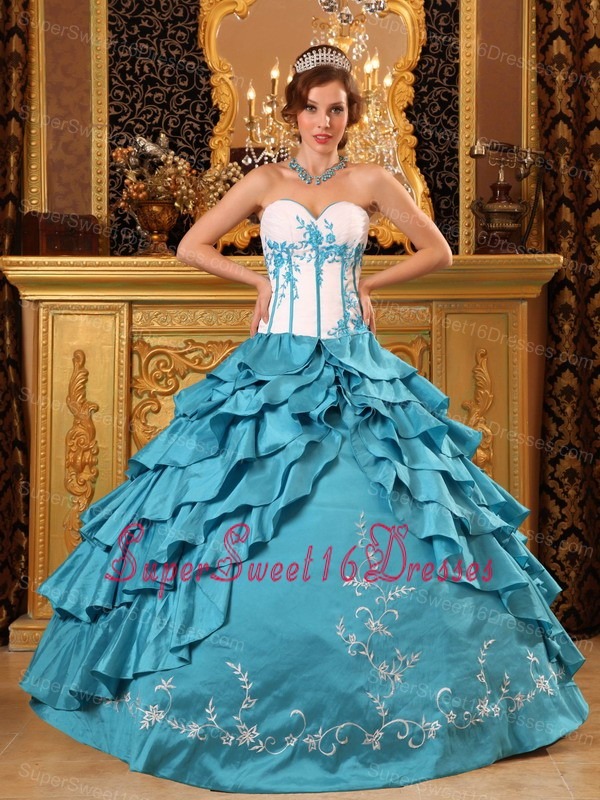 Popular Teal Sweet 16 Dress Sweetheart Ruffles And Embroidery Taffeta Ball Gown