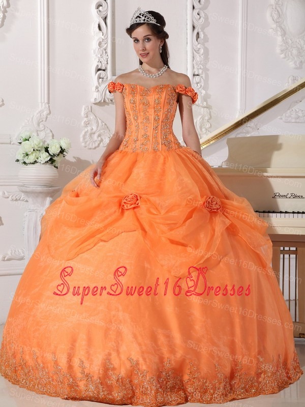 Chic Orange Sweet 16 Dress Off The Shoulder Taffeta and Organza Appliques and Hand Made Flowers Ball Gown
