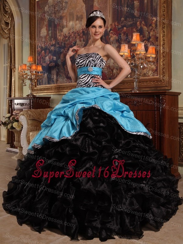 New Aqua Blue and Black Sweet 16 Dress Sweetheart Pick-ups Ball Gown Taffeta and Organza