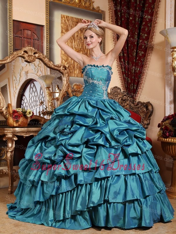 Popular Teal Sweet 16 Dress Strapless Taffeta Appliques and Pick-ups Ball Gown