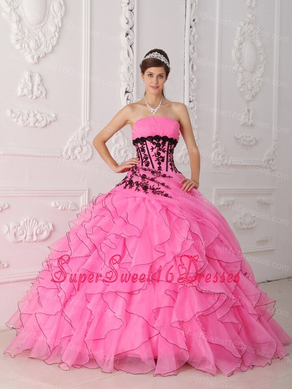 Sweet Rose Pink Sweet 16 Dress Strapless Appliques and Ruffles Ball Gown