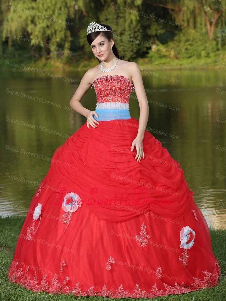 Tulle Strapless Red Sweet 16 Dress For Girl With Flower Beaded Decorate