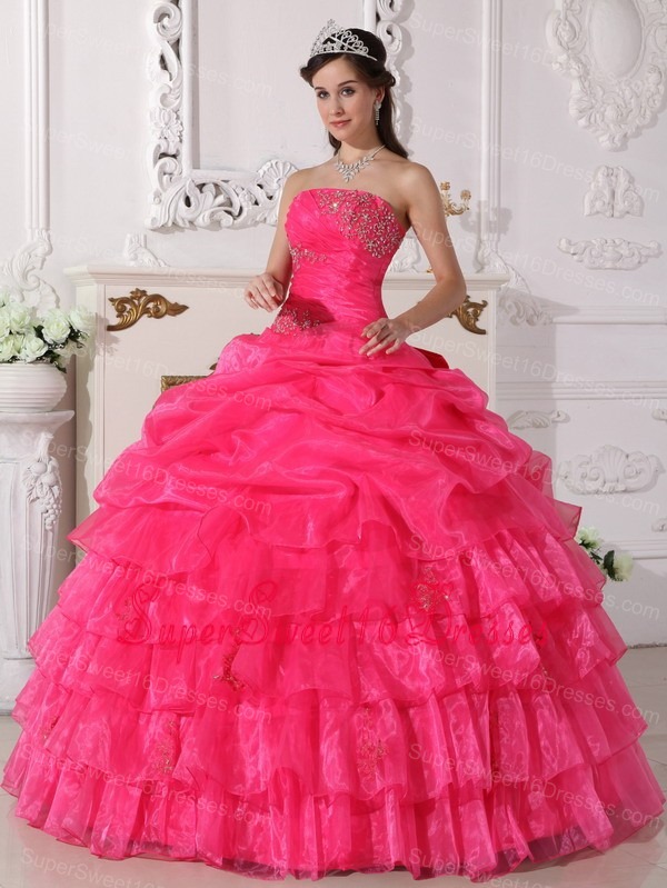 New Arrival Hot Pink Sweet 16 Dress Strapless Organza Appliques Ball Gown