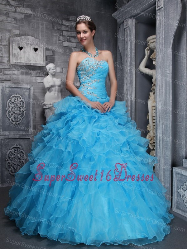 Beautiful Aqua Blue Sweet 16 Dress Sweetheart Taffeta and Organza Beading and Appliques Ball Gown