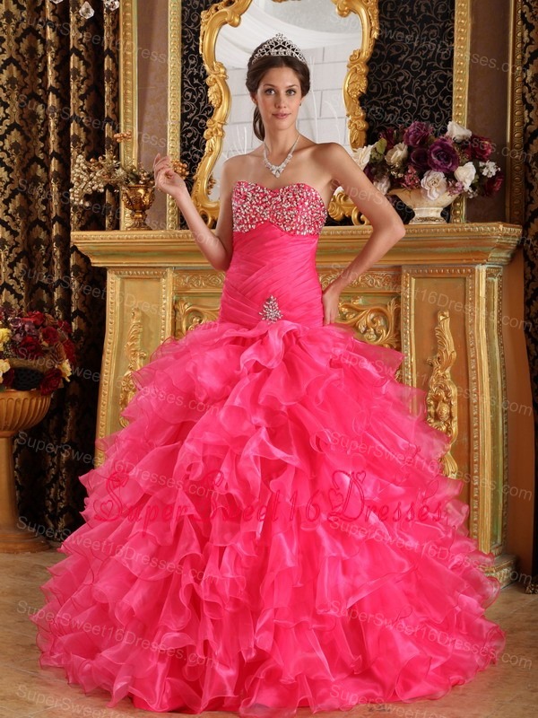 Hot Pink Exclusive Sweet 16 Dress Sweetheart Organza Beading Ball Gown