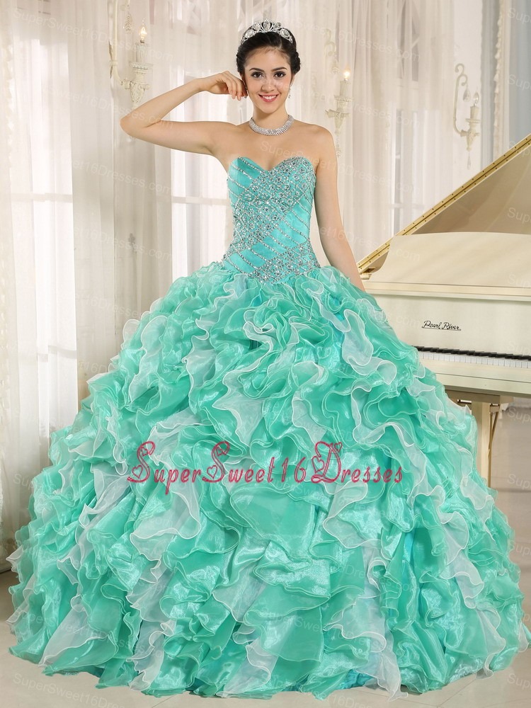 Turquoise Beaded Bodice and Ruffles Custom Made For 2013 Sweet 16 Dress In Anderson California