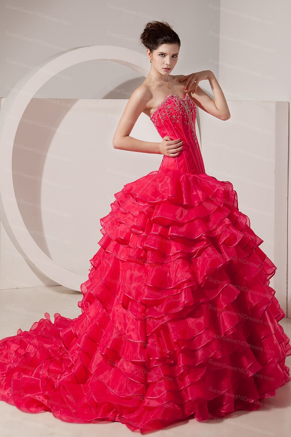 Unique Coral Red / Princess Prom Dress Sweetheart Brush Train Taffeta Beading