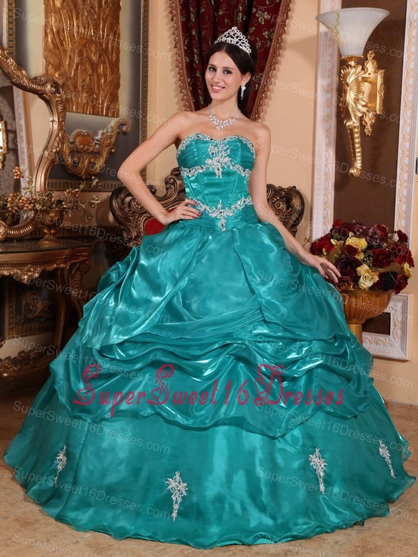 Turquoise Organza Sweet 16 Quinceanera Dress With Appliques And Pick-ups