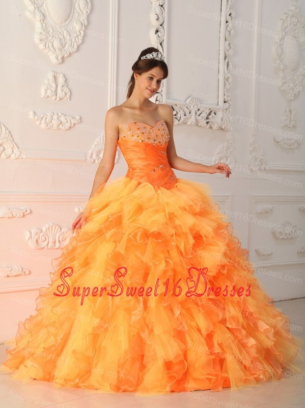 Elegant Orange Red Sweet 16 Dress Sweetheart Organza Beading and Ruch Ball Gown