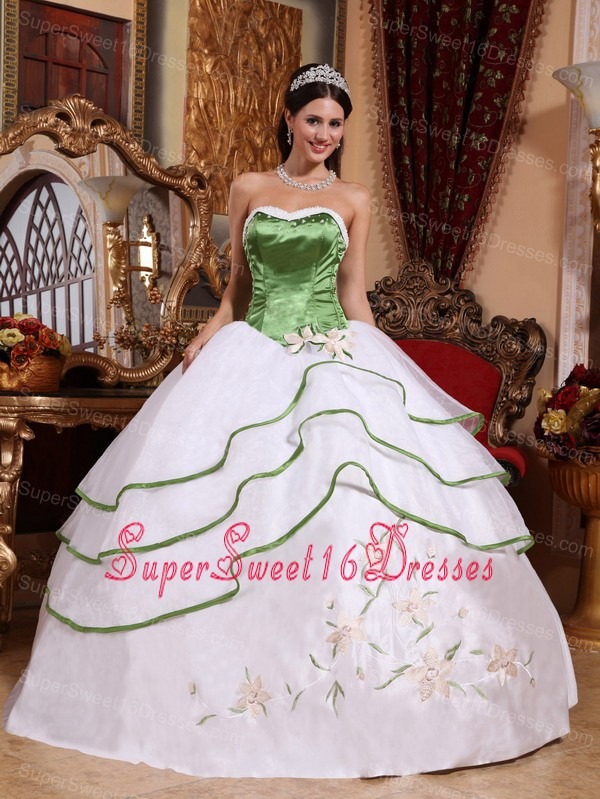 Cheap Spring Green and White Sweet 16 Dress Strapless Organza Embroidery Ball Gown